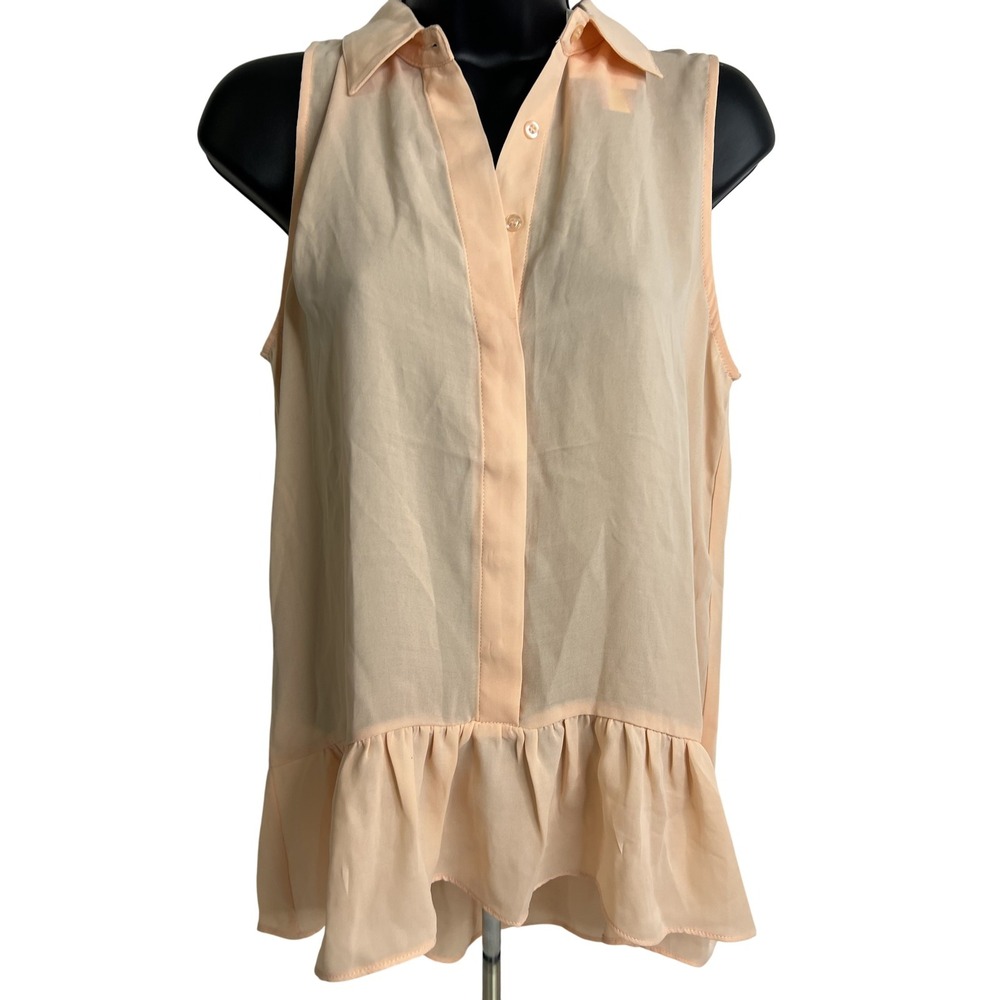 Catherine Malandrino Blouse Womens Medium Peach Sleeveless Ruffle Hem Sheer Top